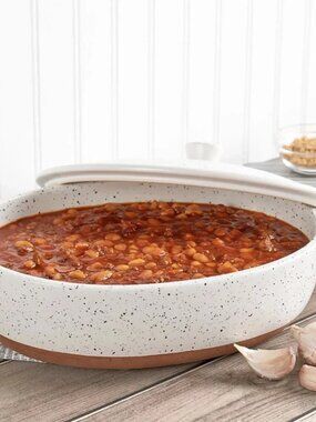 Denmark Tools for Cooks 3.2Qt Speckled Stoneware Oval Casserole Dish w Lid White
